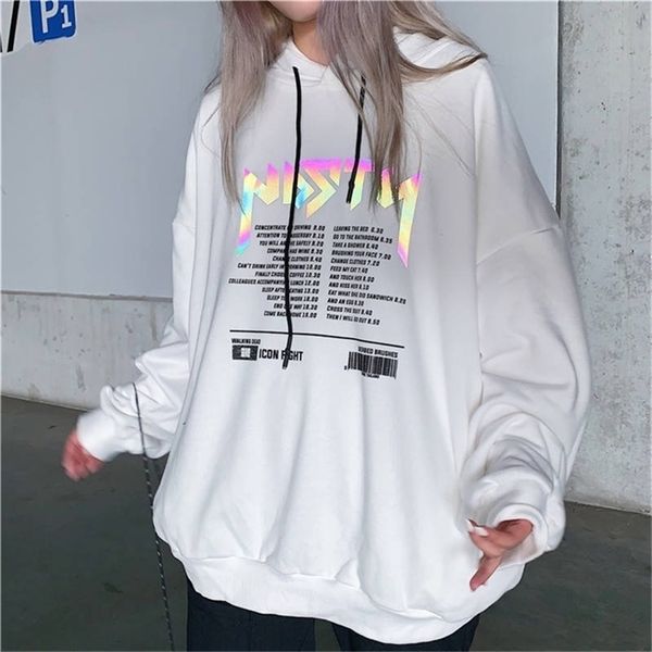 

hoodies autumn letter print women reflective hoodies sweatshirts casual loose long sleeve tracksuit hoodies women white 201216, Black