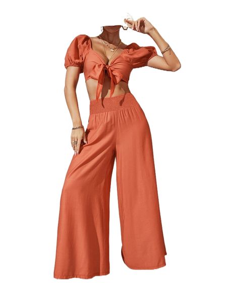 

tie front puff sleeve crop & shirred waist wide leg pants j4dm#, White