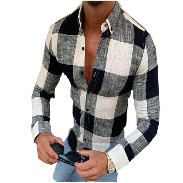 Camisas casuais masculinas Spring Autumn Autumn Sleeved Botão preto e branca Botão de moda Street Impressão digital Slim Topsmen's