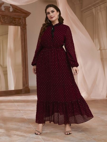 

plus argyle print tie neck lantern sleeve ruffle hem dress v9dn#, Black