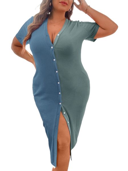 

plus two tone button through dress x780#, Black