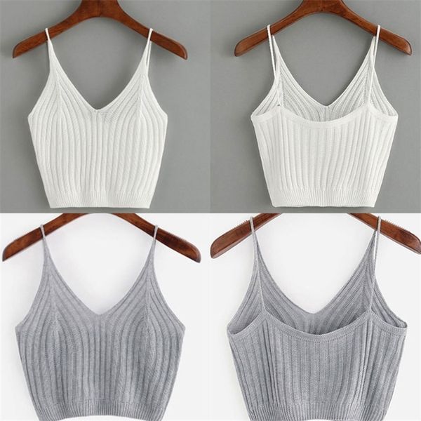 

fashion women summer basic strappy sleeveless racerback crop female casual solid color ribbed knit short vest 220607, White