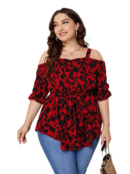 

plus allover print cold shoulder belted blouse a1da#, Black