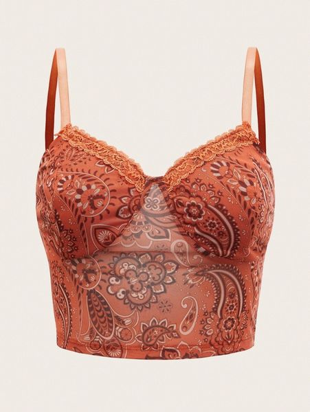 

paisley print lace detail cami x12q#, White