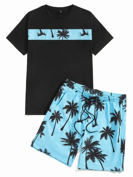 

men coconut tree print tee & drawstring waist shorts f6fs#, Gray