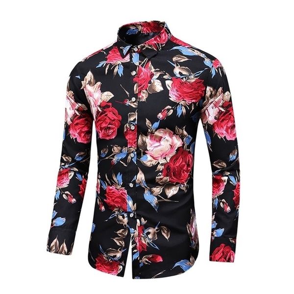 

autumn new fashion male shirt casual long sleeve button shirt for men rose printed floral shirts men plus size 5xl 6xl 7xl 210412, White;black