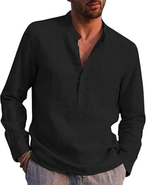

mens henley linen shirt long sleeve loose fit casual beach t shirts roll up hippie solid t-shirt yoga, White;black