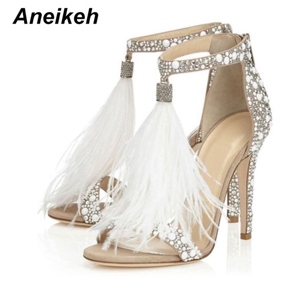 Aneikeh Frauen Sandalen Pumpen Sommer Marke Pelz Strass Feder High Heel Weiß Hochzeit Schuhe Aprikose 0227