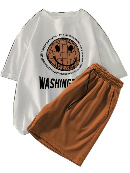 

men letter & expression print tee & drawstring waist shorts l8la#, Gray