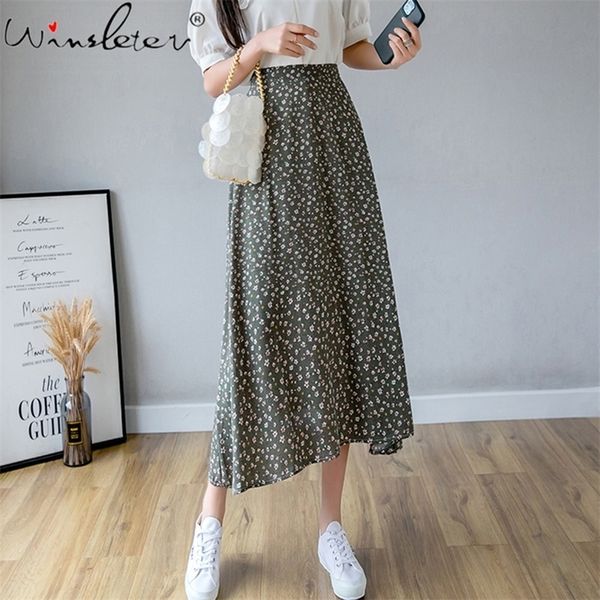 

green floral print skirts womens vintage elastic high waist midi skirt summer sweet ladies holiday skirt saia faldas b04910b 210306, Black