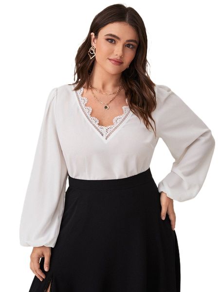 

plus contrast lace lantern sleeve blouse w9bb#, Black