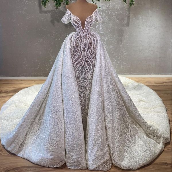 Hochzeit elegante Kleider für Brautperlen Meerjungfrau Brautkleider mit abnehmbarem Zug mit Pailletten stilvoller Vestido de Novia