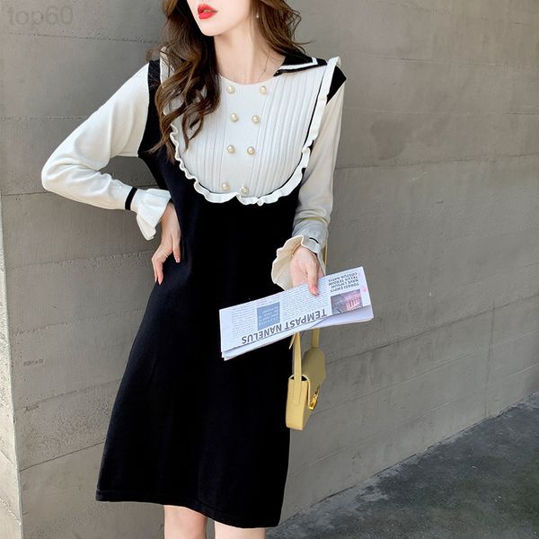 

casual dresses designer autumn and winter 2021 new korean style ear trim a-line stitched knit bottomed dress jl8d, Black;gray