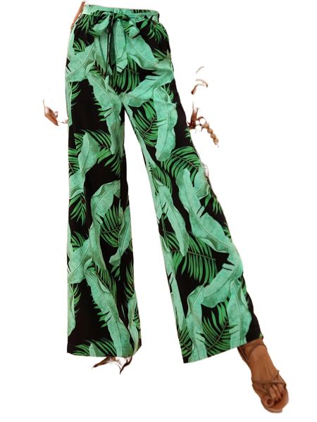 

high waist tropical print knot front wide leg pants d2fk#, Black;white