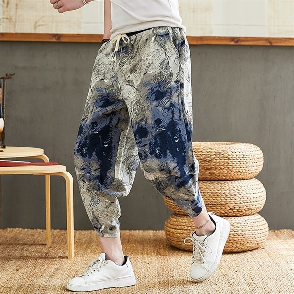 Calça de harém de algodão folgada homem homem japonês homem homem hip hop plus size calças de perna larga bloomers calças de bezerro 220721