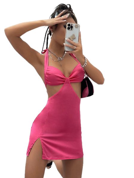 

backless knot halter neck slit hem satin dress t8pi#, Black;gray