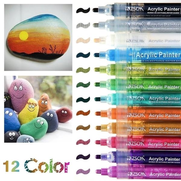 12 cores marcador permanente marcador de tinta acrílica Conjunto para canetas de água de madeira de metal de pneu de madeira Plástico redonda fina de 2 mm de água 210226