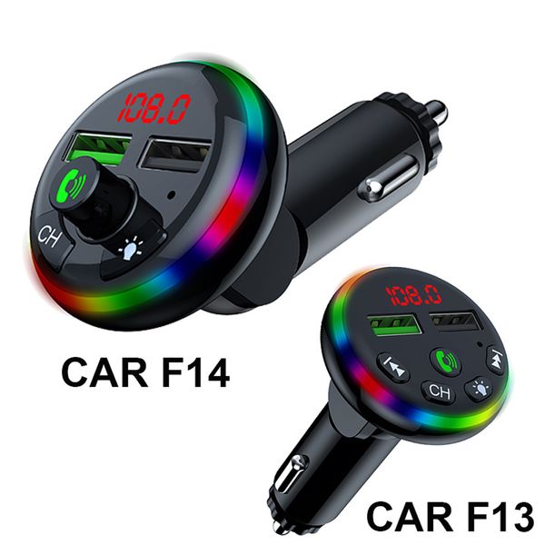 F13 Kit Bluetooth per auto 5.0 Trasmettitore FM Ricevitore audio vivavoce wireless Lettore MP3 Luce ambientale Carica USB TF U Riproduzione disco 12-24 V F14