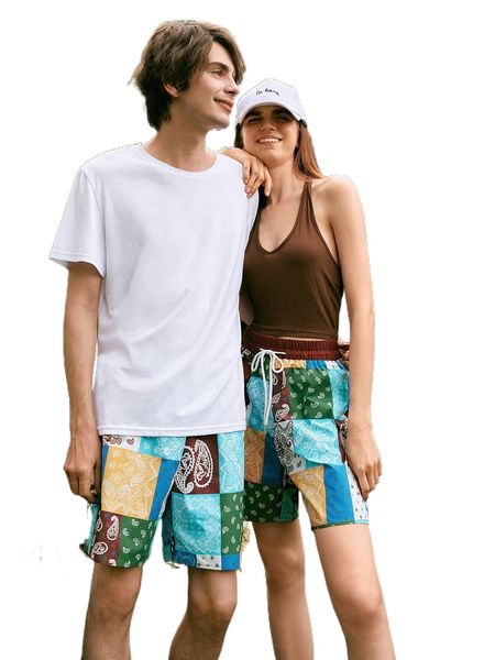 

romwe 1pc paisley patchwork drawstring shorts q5kl#, White;black