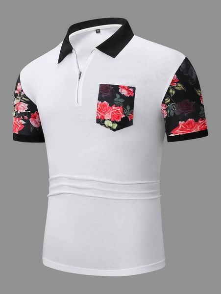 

men random floral print patched pocket polo shirt e4d8#, White;black