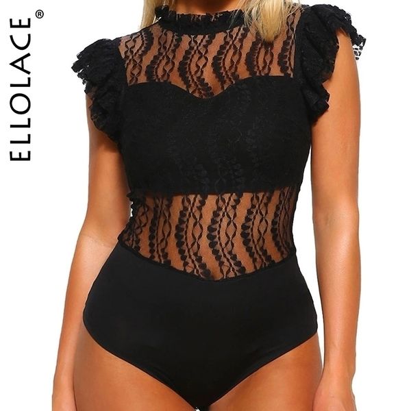 

ellolace body lace black bodysuit women ruffle sleeveless transparent bodycon basic overalls see through rompers y200401, Black;white