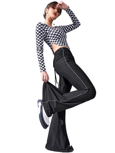 

drawstring ruched front contrast stitch flare leg pants g3e7#, Black;white