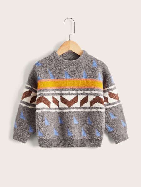 

toddler boys geo pattern fluffy knit sweater she01, Blue