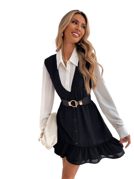 

ruffle hem dress without blouse & belt l9zm#, Black;gray