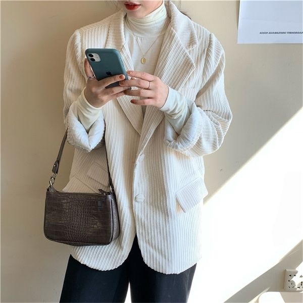 

bella autumn corduroy women single breasted oversized female blazer casual elegant jacket femme y201026, White;black
