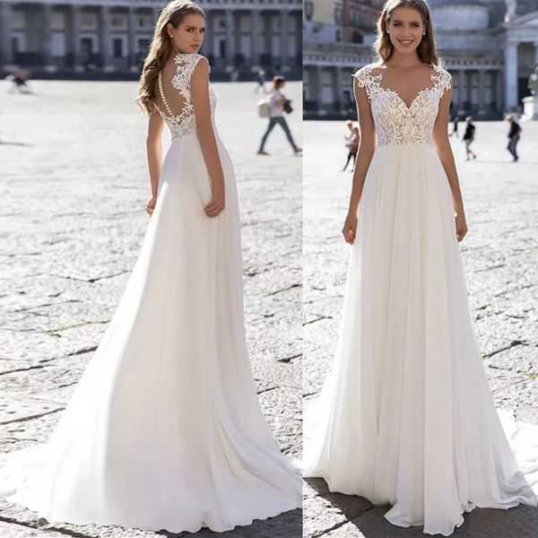 

boho wedding dress a-line sheer baeau neck cap sleeve lace appliques formal bride gown, White