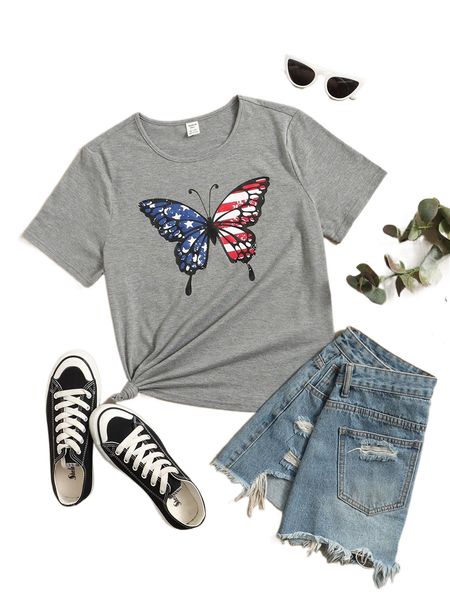 

butterfly & americana print tee 16gv#, White