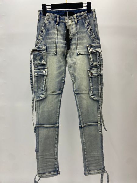 Calças de brim de estilo de rua de tendência de outono e inverno, design de costura com vários bolsos, jeans masculinos de alta qualidade, lavagem envelhecida, jeans de grife de luxo