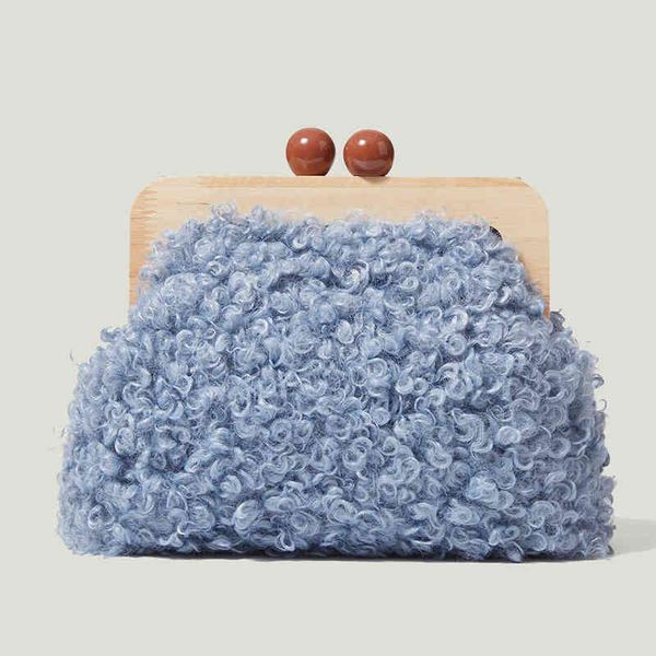 

evening bags retro fur for women wooden clip chain shoulder crossbody fashion women s lambswool handbags wedding shell 220428