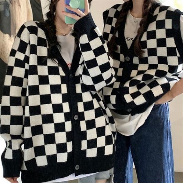 

deeptown korean style oversize plaid cardigan sweater women vintage checkerboard knit jacket fashion long sleeve jumper female 220325, White