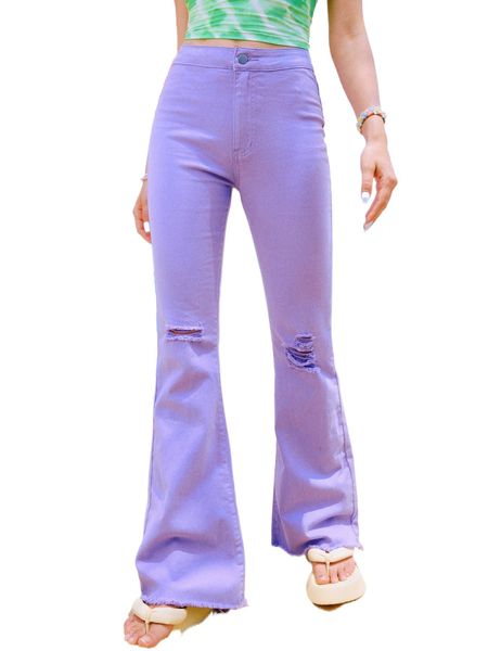 

romwe y2k revival solid ripped flare leg jeans t9c1#, Blue