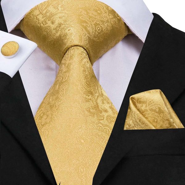 Cravatta da uomo in seta con cravatta floreale in oro giallo e fazzoletti gemelli da uomo, abito da cerimonia nuziale, collo alla moda C-3053