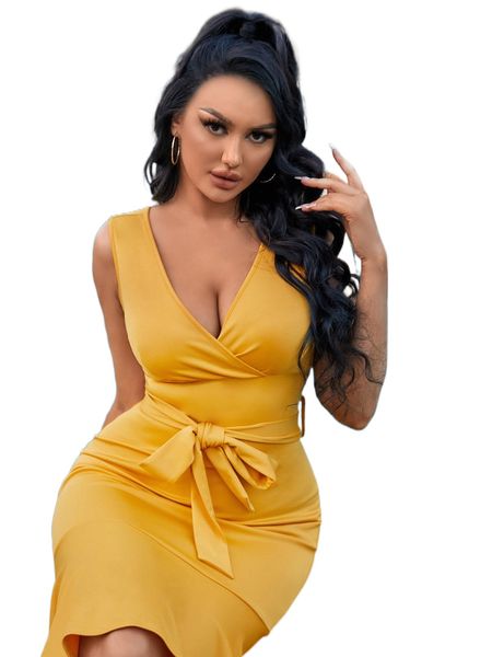 

surplice neck mermaid hem belted tank dress h2oi#, Black;gray