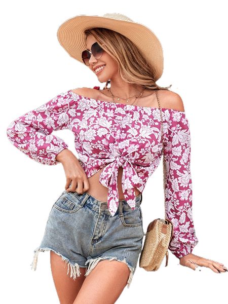 

floral print knot hem off the shoulder blouse q35p#, White