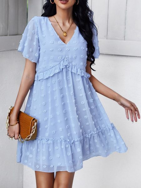 

swiss dot v-neck ruffle hem smock dress e3xq#, Black;gray