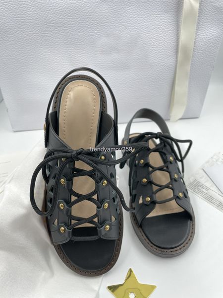 

slippers hollow out flat sandals women's summer fashion lace up leather roman shoes, Black