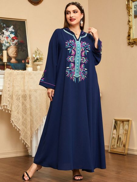 

plus floral embroidery hooded tunic dress u1k4#, Black