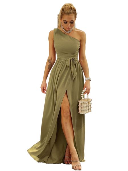 

joyfunear twist shoulder belted split thigh dress a67p#, Black;gray