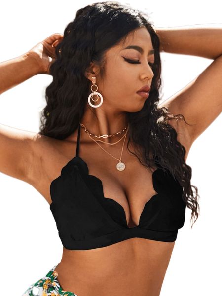 

plus scallop trim halter bikini b05f#, Black