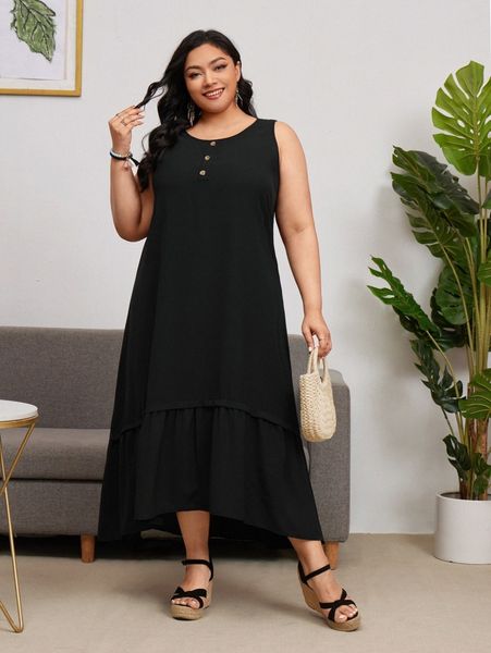 

emery rose plus solid ruffle hem tank dress j3er#, Black