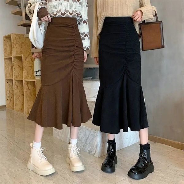 Lucyever Fashion High Waist Midi Saias para Mulheres Plus Size S-2XL Slim Fit Hip Sereia Saia Mulher Coreana Ruffles Brown 220322