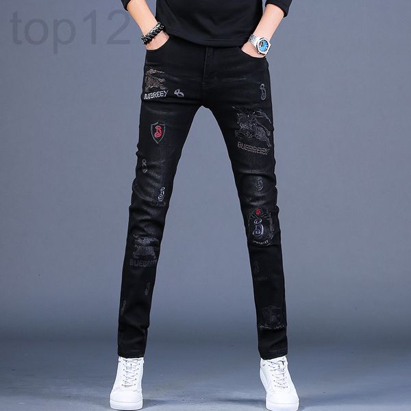 

men's jeans designer 2021 autumn and winter men's jeans embroidery fashion brand korean slim fit elastic casual small foot pants b, Blue