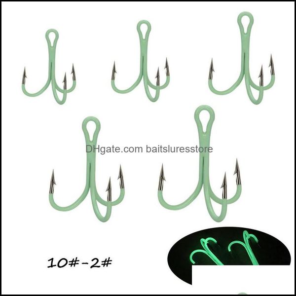 

100pcs/lot 10#-2# l-002 luminous treble hook high carbon steel barbed fishing hooks pesca tackle accessories wh-019 drop delivery 2021 sport