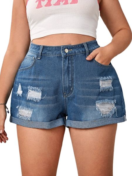 

plus ripped roll up hem denim shorts a9rc#, White;black