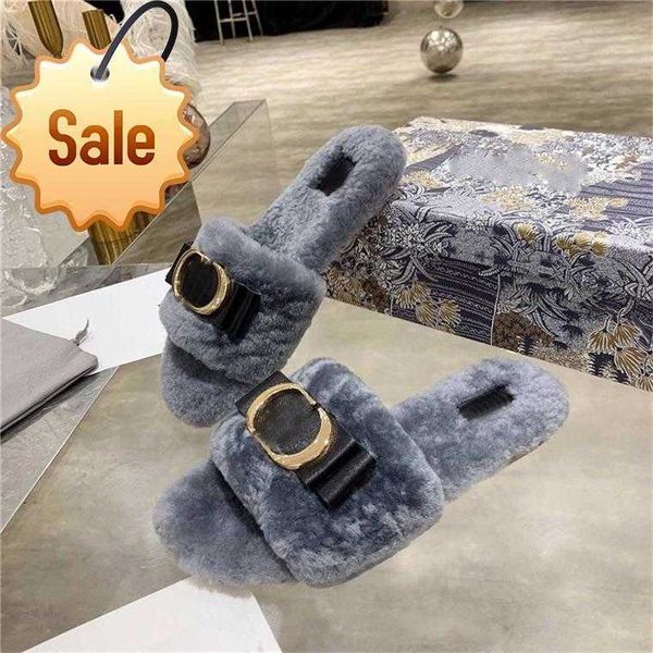 

women slippers fur hone wool designer shoes fashion warm 1:1 metal buckle indoor outdoor original rubber non-slip wear-resistant sheep top, Black