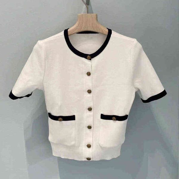 

white short sleeve thin sweater single breasted slim fit versatile round neck spring and summer new, Black